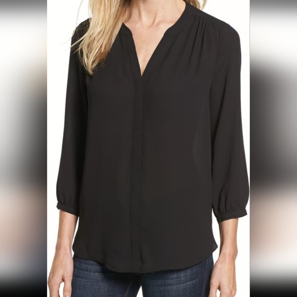 Nordstrom Nydj pintuck 3/4 sleeve black blouse